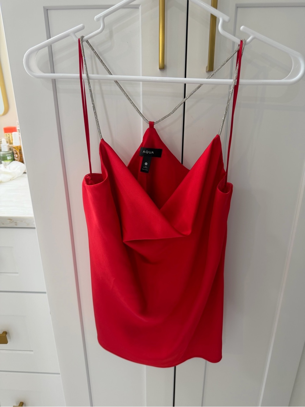 Aqua Red Satin Cowl Neck Camisole with sequins Straps
